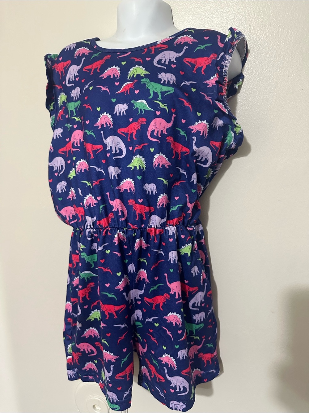 Girls Navy Dino Print Romper six XL